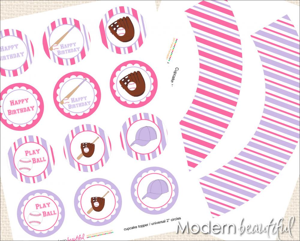 Printable Cupcake Toppers And Wrappers Pink Purple Girl Baseball ...